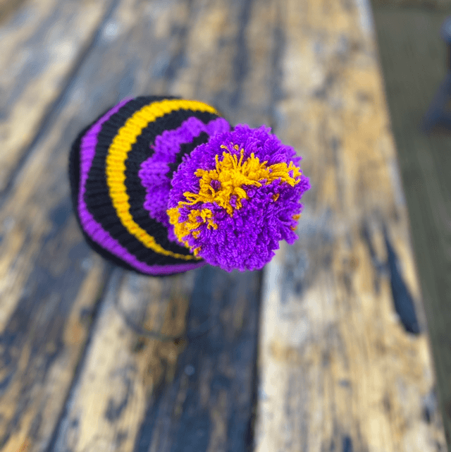 💜 Funky Chunky Bobble Hat – Purple, Black & Golden Yellow – Handmade in Scotland