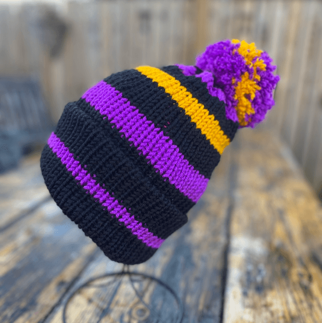 💜 Funky Chunky Bobble Hat – Purple, Black & Golden Yellow – Handmade in Scotland
