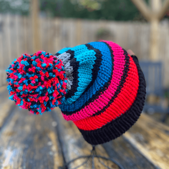 Funky Chunky Bobble Hat – Scarlet Rose & Charcoal - Handmade in Scotland