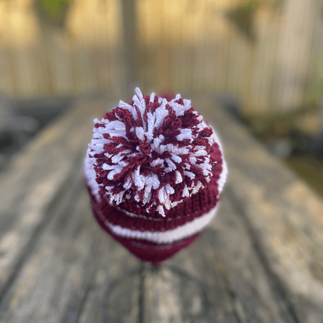 🤎 Funky Chunky Bobble Hat – Deep Maroon & Winter White - Handmade in Scotland