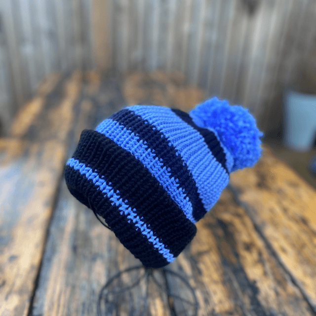 Funky Chunky Bobble Hat - Cornflower Blue & Black - Handmade in Scotland