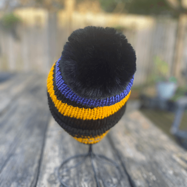 Funky Chunky Bobble Hat - Black, yellow & blue with detachable faux fur Pom - Handmade in Scotland