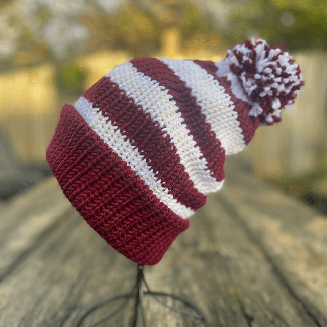 🤎 Funky Chunky Bobble Hat – Deep Maroon & Winter White - Handmade in Scotland