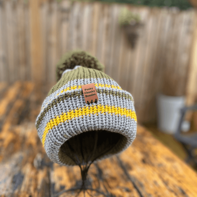 🍂 Funky Chunky Bobble Hat – Khaki, Grey &amp; Mustard Gold – Handmade in Scotland