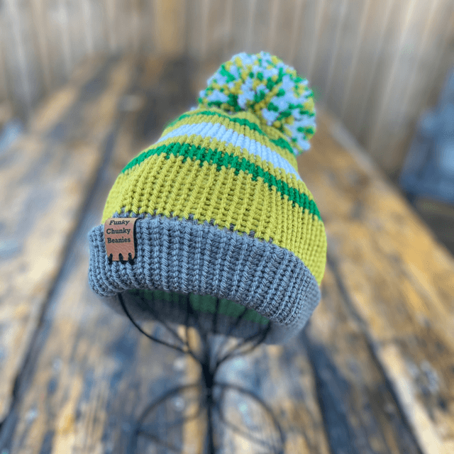 Tweenie beanie. Grey, white, green and lime 
