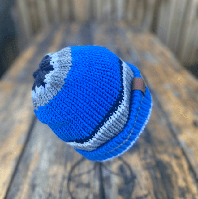 Funky Chunky Beanie - Deep Blue, Steel &amp; Ice White - Handmade in Scotland