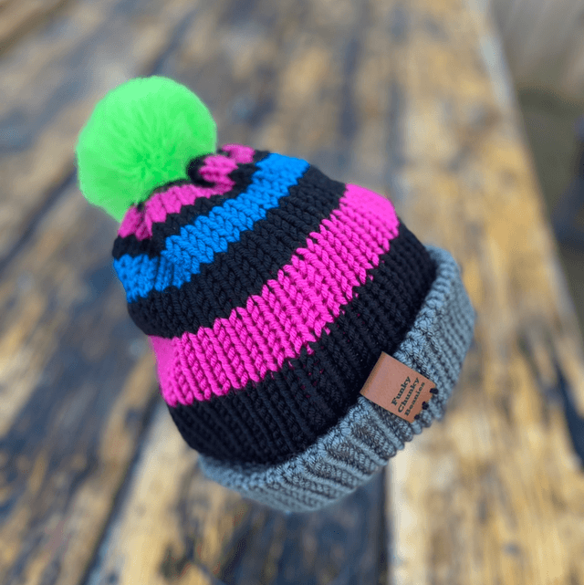 Tweenie beanie, 90’s revival. Lime green faux fur pom, pink and blue stripe