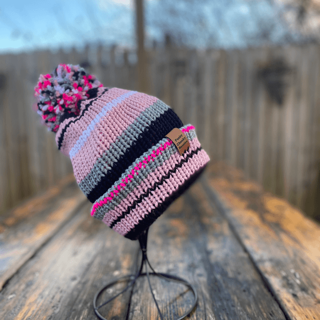 💕 Funky Chunky Bobble Hat – Dusky Rose &amp; Grey Mist - Handmade in Scotland