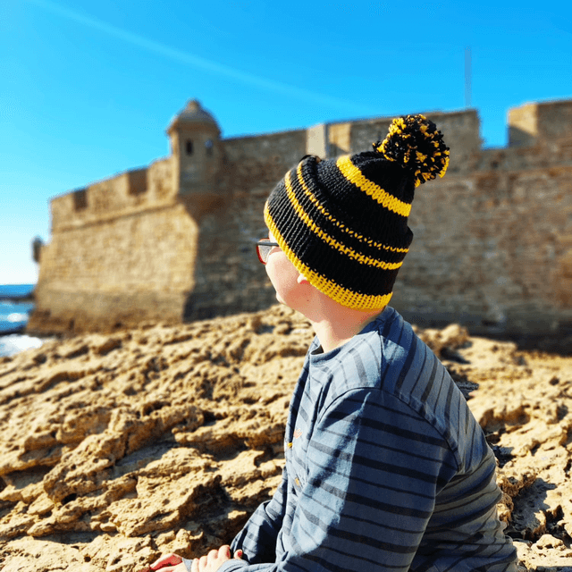 Funky Chunky Bobble Hat - Black &amp; Mustard Gold - Handmade in Scotland