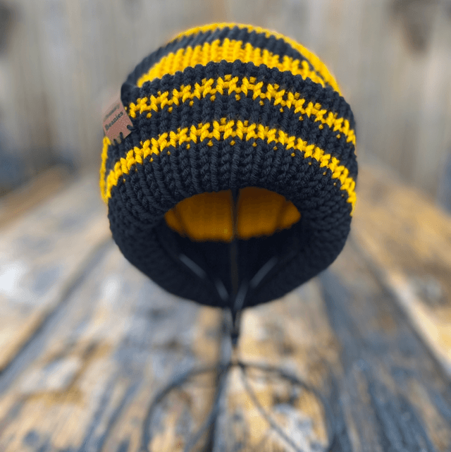🐝 Funky Chunky Bobble Hat – Honeybee Yellow &amp; Black Stripes with Removable Faux-Fur Pom – Handmade in Scotland